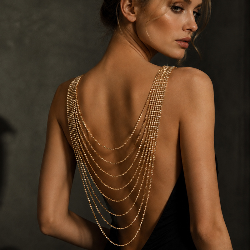 Body Jewelry For Backless Dress - Strass-rugketting met kristallen, meerlaags gedrapeerde schouder-