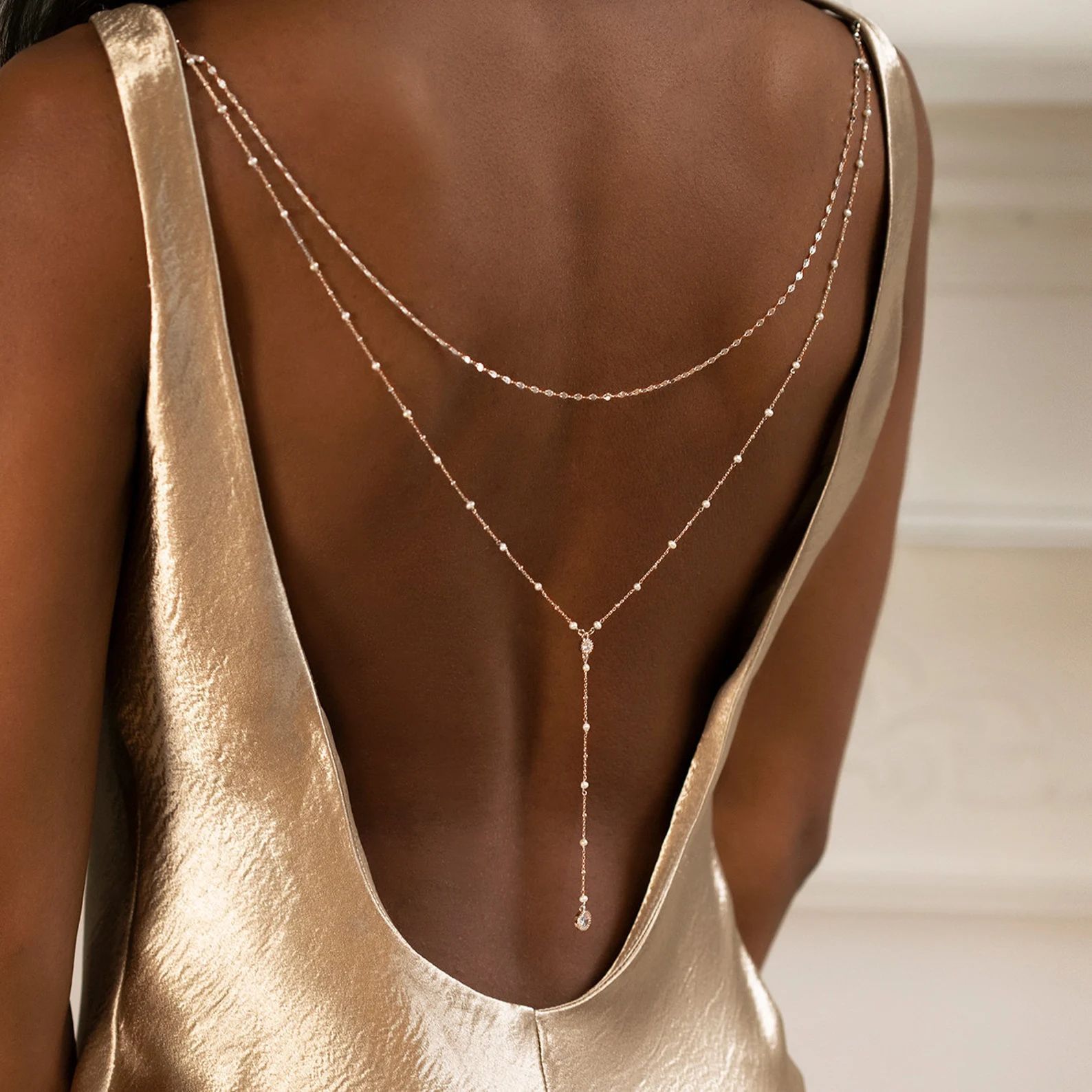 Body Jewelry For Backless Dress - Delicaat verguld CZ kralen ketting collier